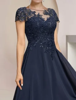 A-Line Mother of the Bride Dress Formal Wedding Guest Elegant High Low Scoop Neck Asymmetrical Tea Length Chiffon Lace Short Sleeve with Sequin Appliques free custom size