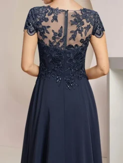 A-Line Mother of the Bride Dress Formal Wedding Guest Elegant High Low Scoop Neck Asymmetrical Tea Length Chiffon Lace Short Sleeve with Sequin Appliques free custom size