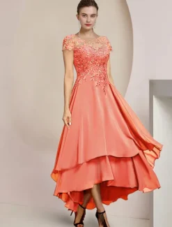 A-Line Mother of the Bride Dress Formal Wedding Guest Elegant High Low Scoop Neck Asymmetrical Tea Length Chiffon Lace Short Sleeve with Sequin Appliques free custom size