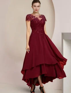 A-Line Mother of the Bride Dress Formal Wedding Guest Elegant High Low Scoop Neck Asymmetrical Tea Length Chiffon Lace Short Sleeve with Sequin Appliques free custom size