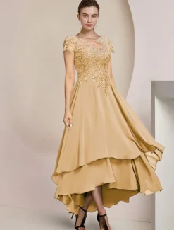 A-Line Mother of the Bride Dress Formal Wedding Guest Elegant High Low Scoop Neck Asymmetrical Tea Length Chiffon Lace Short Sleeve with Sequin Appliques free custom size