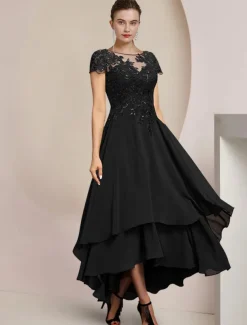A-Line Mother of the Bride Dress Formal Wedding Guest Elegant High Low Scoop Neck Asymmetrical Tea Length Chiffon Lace Short Sleeve with Sequin Appliques free custom size