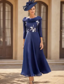 A-Line Mother of the Bride Dress Wedding Guest Elegant Vintage Bateau Neck Ankle Length Chiffon 3/4 Length Sleeve with Flower Solid Color Wedding Guest Dress free custom size