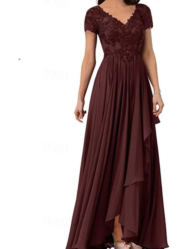 A-Line Mother of the Bride Dress Elegant Simple V Neck Floor Length Chiffon Short Sleeve with Solid Color
