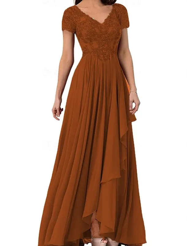 A-Line Mother of the Bride Dress Elegant Simple V Neck Floor Length Chiffon Short Sleeve with Solid Color