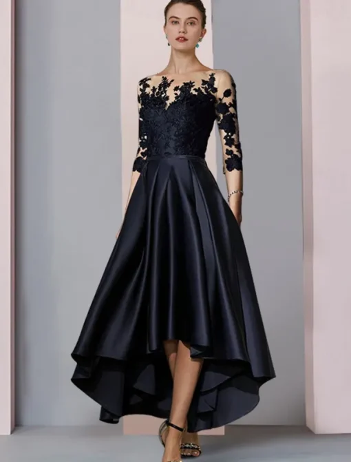 A-Line Mother of the Bride Dress Wedding Guest Elegant High Low Scoop Neck Asymmetrical Tea Length Satin Lace 3/4 Length Sleeve with Pleats Appliques free custom size