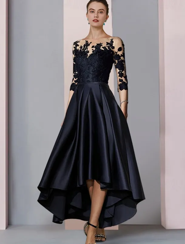 A-Line Mother of the Bride Dress Wedding Guest Elegant High Low Scoop Neck Asymmetrical Tea Length Satin Lace 3/4 Length Sleeve with Pleats Appliques free custom size