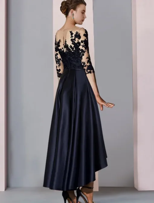 A-Line Mother of the Bride Dress Wedding Guest Elegant High Low Scoop Neck Asymmetrical Tea Length Satin Lace 3/4 Length Sleeve with Pleats Appliques free custom size
