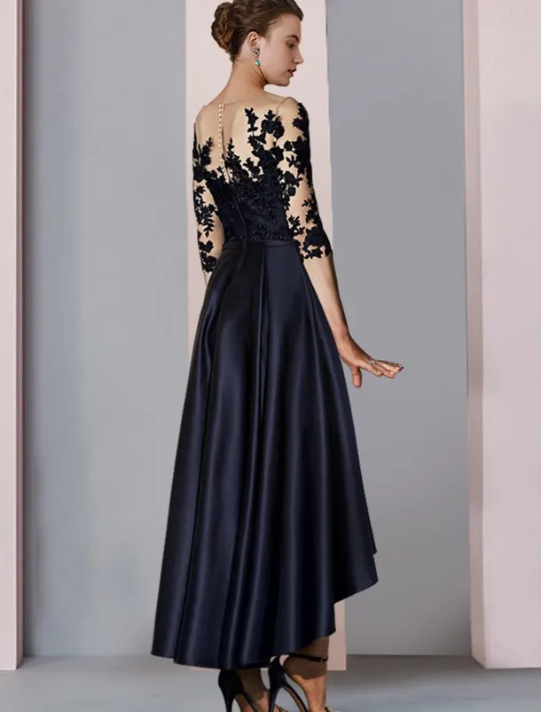 A-Line Mother of the Bride Dress Wedding Guest Elegant High Low Scoop Neck Asymmetrical Tea Length Satin Lace 3/4 Length Sleeve with Pleats Appliques free custom size