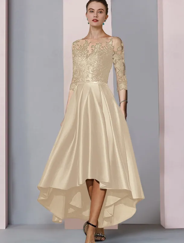 A-Line Mother of the Bride Dress Wedding Guest Elegant High Low Scoop Neck Asymmetrical Tea Length Satin Lace 3/4 Length Sleeve with Pleats Appliques free custom size