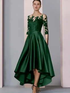 A-Line Mother of the Bride Dress Wedding Guest Elegant High Low Scoop Neck Asymmetrical Tea Length Satin Lace 3/4 Length Sleeve with Pleats Appliques free custom size