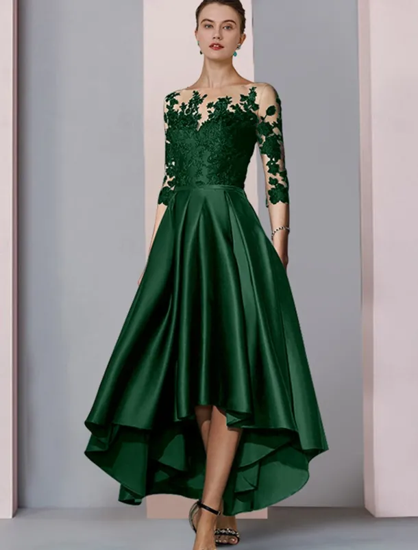 A-Line Mother of the Bride Dress Wedding Guest Elegant High Low Scoop Neck Asymmetrical Tea Length Satin Lace 3/4 Length Sleeve with Pleats Appliques free custom size