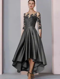 A-Line Mother of the Bride Dress Wedding Guest Elegant High Low Scoop Neck Asymmetrical Tea Length Satin Lace 3/4 Length Sleeve with Pleats Appliques free custom size