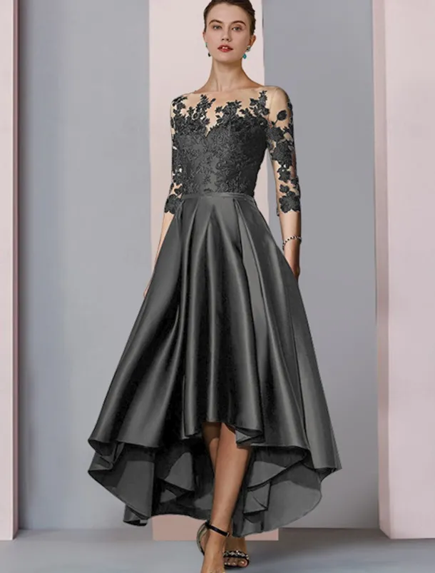 A-Line Mother of the Bride Dress Wedding Guest Elegant High Low Scoop Neck Asymmetrical Tea Length Satin Lace 3/4 Length Sleeve with Pleats Appliques free custom size