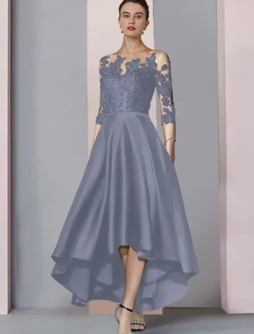 A-Line Mother of the Bride Dress Wedding Guest Elegant High Low Scoop Neck Asymmetrical Tea Length Satin Lace 3/4 Length Sleeve with Pleats Appliques free custom size