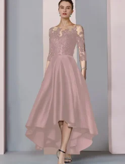 A-Line Mother of the Bride Dress Wedding Guest Elegant High Low Scoop Neck Asymmetrical Tea Length Satin Lace 3/4 Length Sleeve with Pleats Appliques free custom size