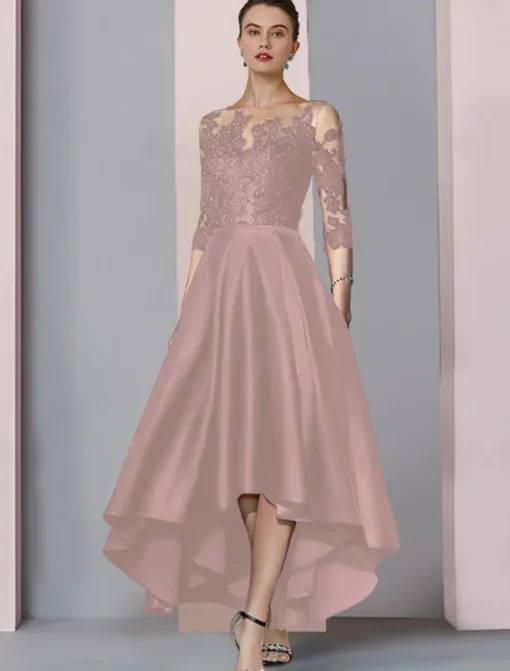 A-Line Mother of the Bride Dress Wedding Guest Elegant High Low Scoop Neck Asymmetrical Tea Length Satin Lace 3/4 Length Sleeve with Pleats Appliques free custom size