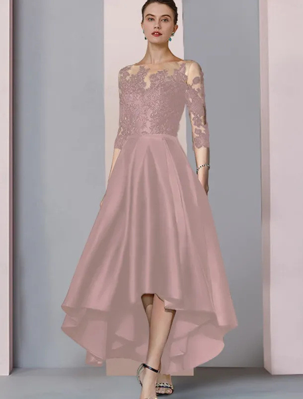 A-Line Mother of the Bride Dress Wedding Guest Elegant High Low Scoop Neck Asymmetrical Tea Length Satin Lace 3/4 Length Sleeve with Pleats Appliques free custom size
