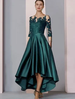 A-Line Mother of the Bride Dress Wedding Guest Elegant High Low Scoop Neck Asymmetrical Tea Length Satin Lace 3/4 Length Sleeve with Pleats Appliques free custom size