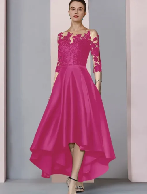 A-Line Mother of the Bride Dress Wedding Guest Elegant High Low Scoop Neck Asymmetrical Tea Length Satin Lace 3/4 Length Sleeve with Pleats Appliques free custom size