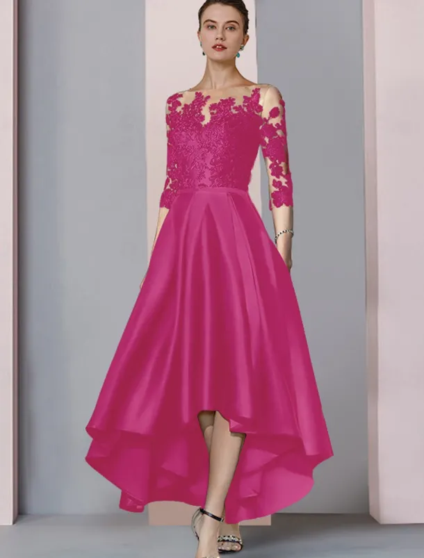 A-Line Mother of the Bride Dress Wedding Guest Elegant High Low Scoop Neck Asymmetrical Tea Length Satin Lace 3/4 Length Sleeve with Pleats Appliques free custom size
