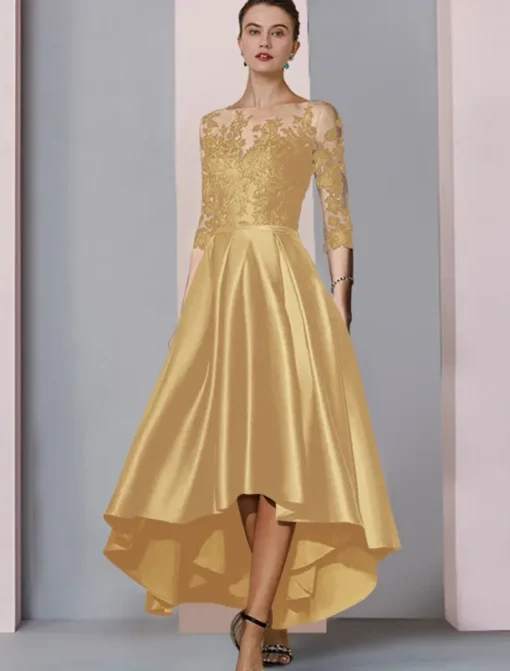 A-Line Mother of the Bride Dress Wedding Guest Elegant High Low Scoop Neck Asymmetrical Tea Length Satin Lace 3/4 Length Sleeve with Pleats Appliques free custom size