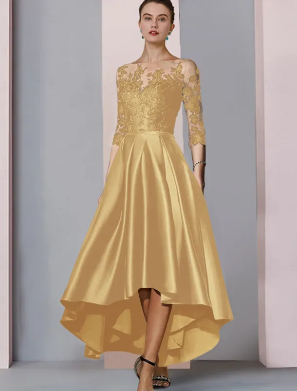 A-Line Mother of the Bride Dress Wedding Guest Elegant High Low Scoop Neck Asymmetrical Tea Length Satin Lace 3/4 Length Sleeve with Pleats Appliques free custom size