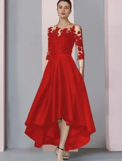 A-Line Mother of the Bride Dress Wedding Guest Elegant High Low Scoop Neck Asymmetrical Tea Length Satin Lace 3/4 Length Sleeve with Pleats Appliques free custom size