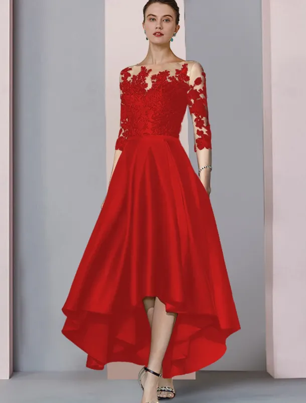 A-Line Mother of the Bride Dress Wedding Guest Elegant High Low Scoop Neck Asymmetrical Tea Length Satin Lace 3/4 Length Sleeve with Pleats Appliques free custom size