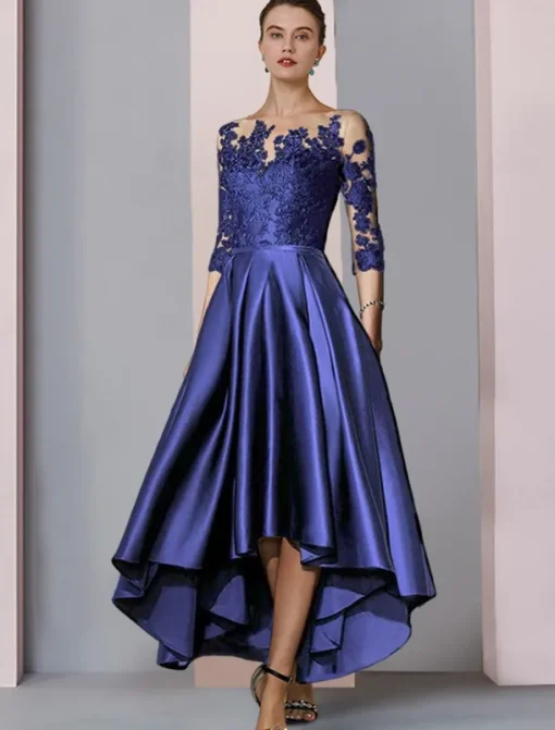 A-Line Mother of the Bride Dress Wedding Guest Elegant High Low Scoop Neck Asymmetrical Tea Length Satin Lace 3/4 Length Sleeve with Pleats Appliques free custom size