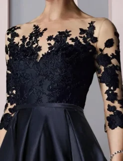 A-Line Mother of the Bride Dress Wedding Guest Elegant High Low Scoop Neck Asymmetrical Tea Length Satin Lace 3/4 Length Sleeve with Pleats Appliques free custom size