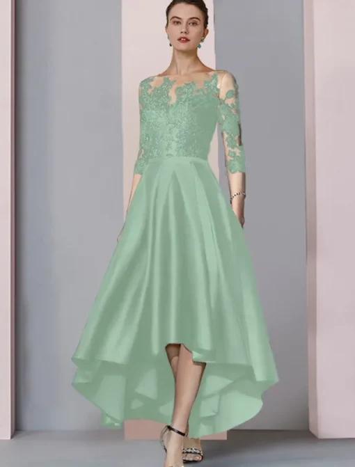 A-Line Mother of the Bride Dress Wedding Guest Elegant High Low Scoop Neck Asymmetrical Tea Length Satin Lace 3/4 Length Sleeve with Pleats Appliques free custom size