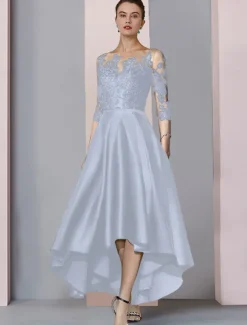 A-Line Mother of the Bride Dress Wedding Guest Elegant High Low Scoop Neck Asymmetrical Tea Length Satin Lace 3/4 Length Sleeve with Pleats Appliques free custom size