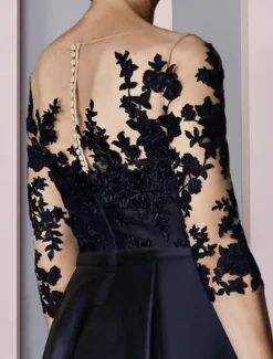 A-Line Mother of the Bride Dress Wedding Guest Elegant High Low Scoop Neck Asymmetrical Tea Length Satin Lace 3/4 Length Sleeve with Pleats Appliques free custom size