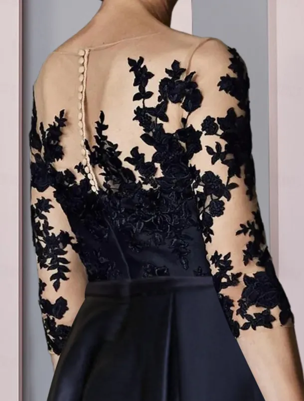 A-Line Mother of the Bride Dress Wedding Guest Elegant High Low Scoop Neck Asymmetrical Tea Length Satin Lace 3/4 Length Sleeve with Pleats Appliques free custom size