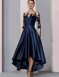 A-Line Mother of the Bride Dress Wedding Guest Elegant High Low Scoop Neck Asymmetrical Tea Length Satin Lace 3/4 Length Sleeve with Pleats Appliques free custom size