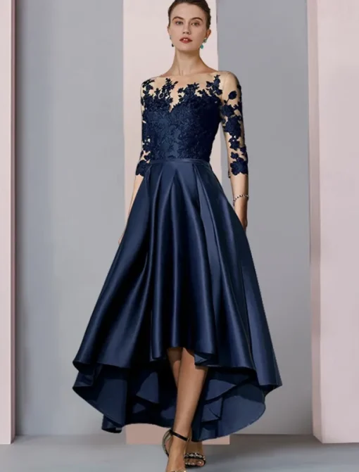 A-Line Mother of the Bride Dress Wedding Guest Elegant High Low Scoop Neck Asymmetrical Tea Length Satin Lace 3/4 Length Sleeve with Pleats Appliques free custom size