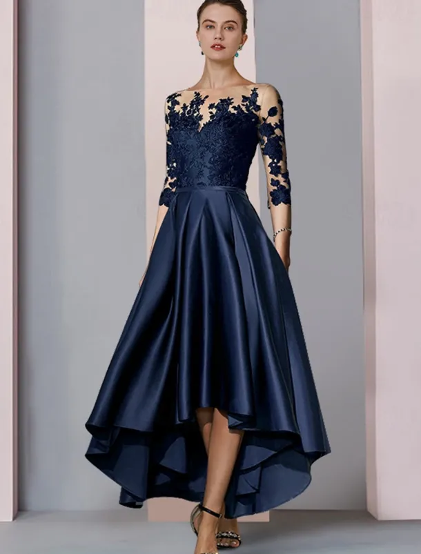 A-Line Mother of the Bride Dress Wedding Guest Elegant High Low Scoop Neck Asymmetrical Tea Length Satin Lace 3/4 Length Sleeve with Pleats Appliques free custom size