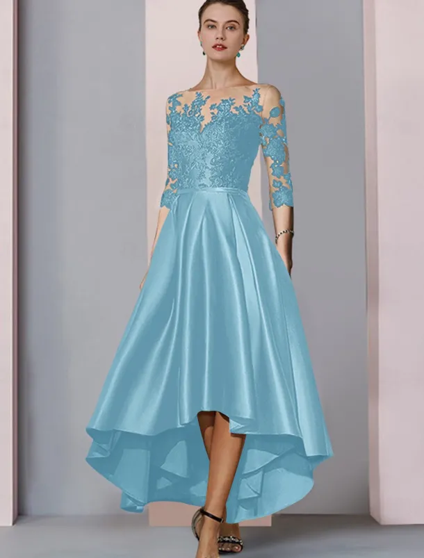 A-Line Mother of the Bride Dress Wedding Guest Elegant High Low Scoop Neck Asymmetrical Tea Length Satin Lace 3/4 Length Sleeve with Pleats Appliques free custom size