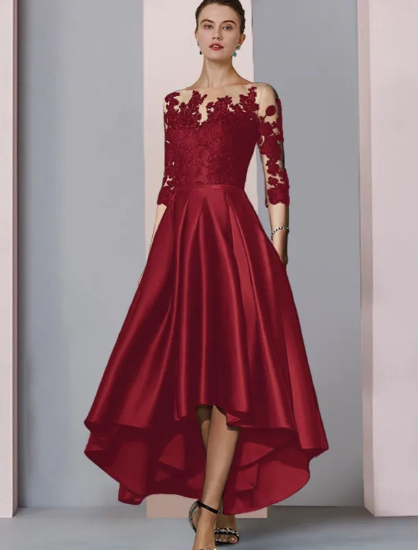 A-Line Mother of the Bride Dress Wedding Guest Elegant High Low Scoop Neck Asymmetrical Tea Length Satin Lace 3/4 Length Sleeve with Pleats Appliques free custom size