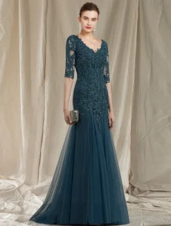 A-Line Mother of the Bride Dress Elegant V Neck Sweep / Brush Train Lace Tulle Half Sleeve No with Ruffles Appliques free custom size