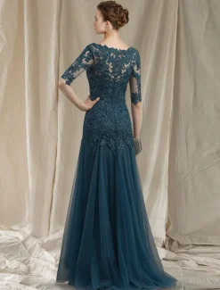 A-Line Mother of the Bride Dress Elegant V Neck Sweep / Brush Train Lace Tulle Half Sleeve No with Ruffles Appliques free custom size