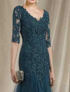 A-Line Mother of the Bride Dress Elegant V Neck Sweep / Brush Train Lace Tulle Half Sleeve No with Ruffles Appliques free custom size