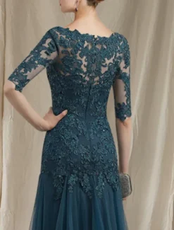 A-Line Mother of the Bride Dress Elegant V Neck Sweep / Brush Train Lace Tulle Half Sleeve No with Ruffles Appliques free custom size