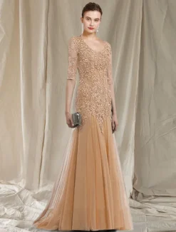 A-Line Mother of the Bride Dress Elegant V Neck Sweep / Brush Train Lace Tulle Half Sleeve No with Ruffles Appliques free custom size