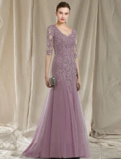 A-Line Mother of the Bride Dress Elegant V Neck Sweep / Brush Train Lace Tulle Half Sleeve No with Ruffles Appliques free custom size