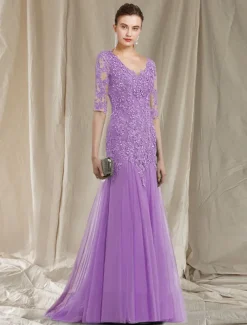 A-Line Mother of the Bride Dress Elegant V Neck Sweep / Brush Train Lace Tulle Half Sleeve No with Ruffles Appliques free custom size