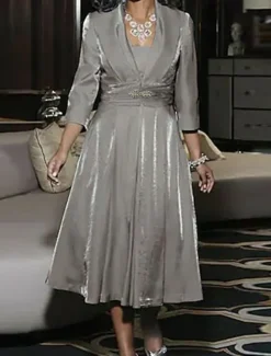 A-Line Mother of the Bride Dress Wedding Guest Elegant Vintage Plus Size Square Neck Tea Length 3/4 Length Sleeve Jacket Dresses with Ruching free custom size