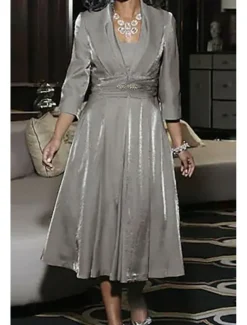 A-Line Mother of the Bride Dress Wedding Guest Elegant Vintage Plus Size Square Neck Tea Length 3/4 Length Sleeve Jacket Dresses with Ruching free custom size