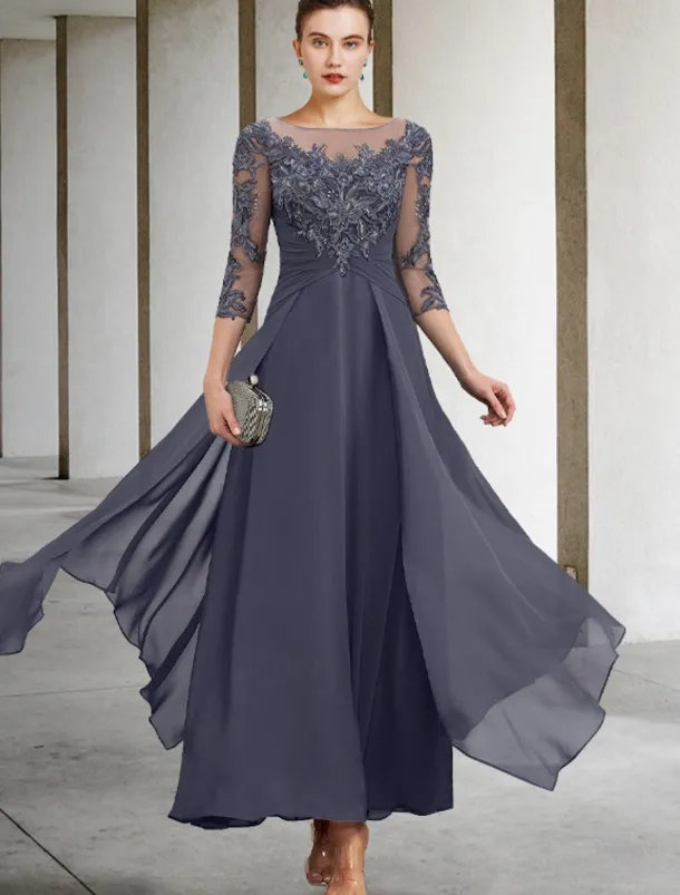 A-Line Mother of the Bride Dress Wedding Guest Elegant Plus Size Jewel Neck Ankle Length Chiffon Lace 3/4 Length Sleeve with Ruched Sequin Appliques free custom size
